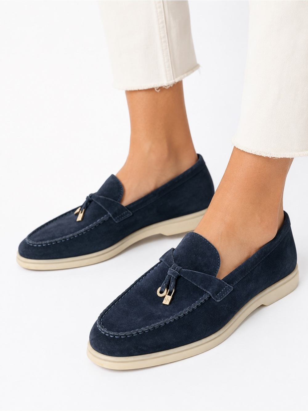 Loro Piana Summer Charms Walk Navy Suede Loafers Size 37